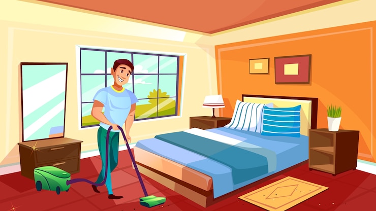 Vettore gratuito equipaggi l'illustrazione della stanza di pulizia del househusband o del ragazzo di istituto universitario con l'aspirapolvere