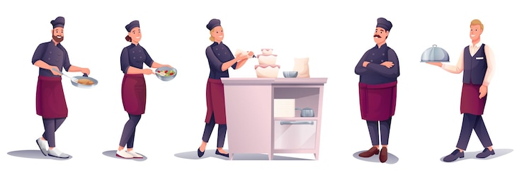 Vettore gratuito equipaggio che cucina nel ristorante chef professionista con squadra che prepara il cibo cameriere con piatto da portata