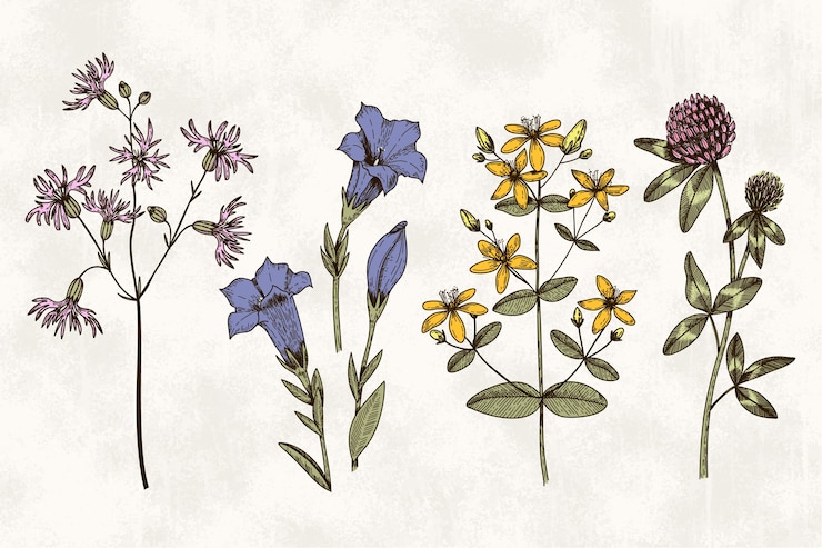 Vettore gratuito erbe botaniche e fiori selvatici in stile retrò