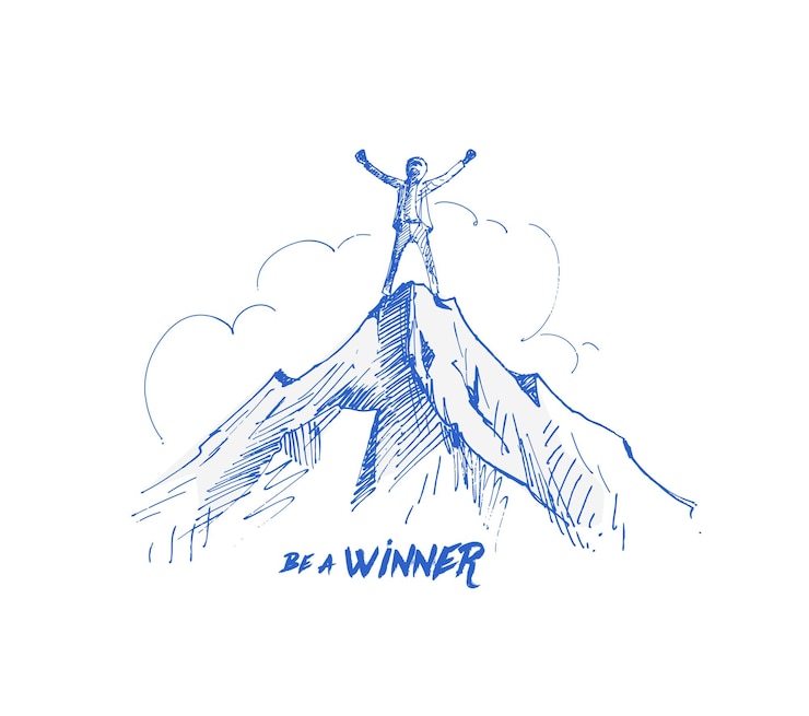 Vettore gratuito escursionista che celebra il successo in cima a una montagna sfondo vettoriale disegnato a mano