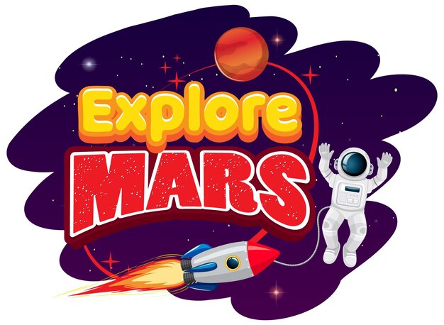 Esplora il design del logo con la parola Marte con razzo e astronauta