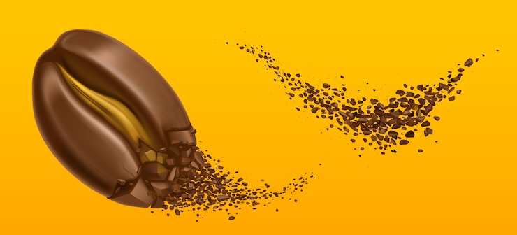 Vettore gratuito esplosione di chicchi di caffè e chicchi di arabica macinati.