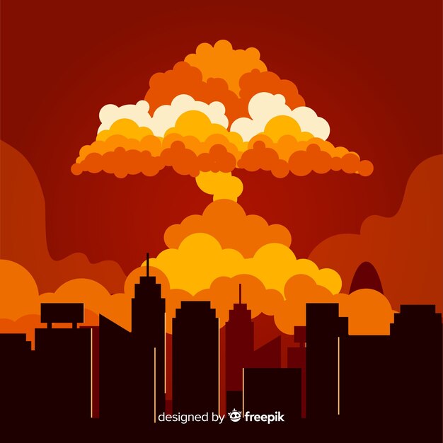 Esplosione nucleare in stile cartone animato della città