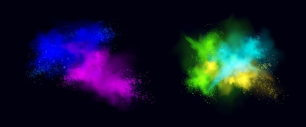 Esplosioni di polvere di colore isolate su priorità bassa nera. Schizzi e spruzzi di polvere di vernice con particelle. set realistico di effetto burst di nuvole di polvere colorata