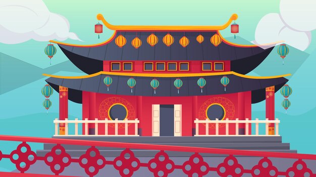 Esterno del tempio cinese tradizionale decorato con lanterne colorate all'illustrazione piatta del nuovo anno