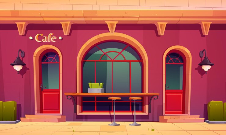 Vettore gratuito esterno della caffetteria del caffè della città con il bancone del bar all'aperto e l'illustrazione del fumetto dei seggioloni