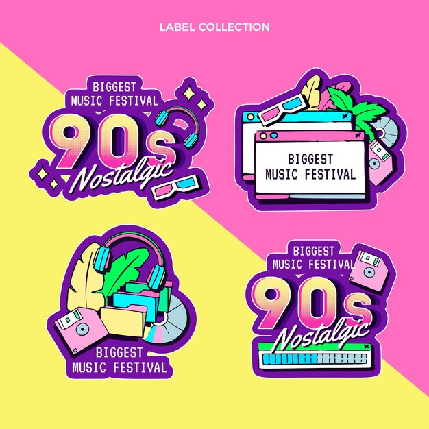 Etichetta del festival musicale nostalgico anni '90 disegnata a mano