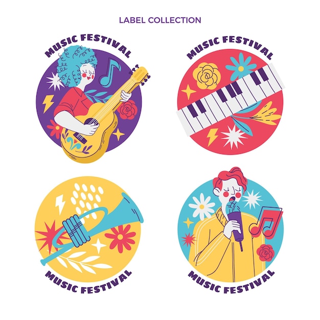 Etichetta e distintivi del festival musicale colorato disegnato a mano
