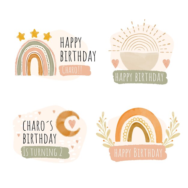 Etichetta e distintivi di compleanno boho dell'acquerello