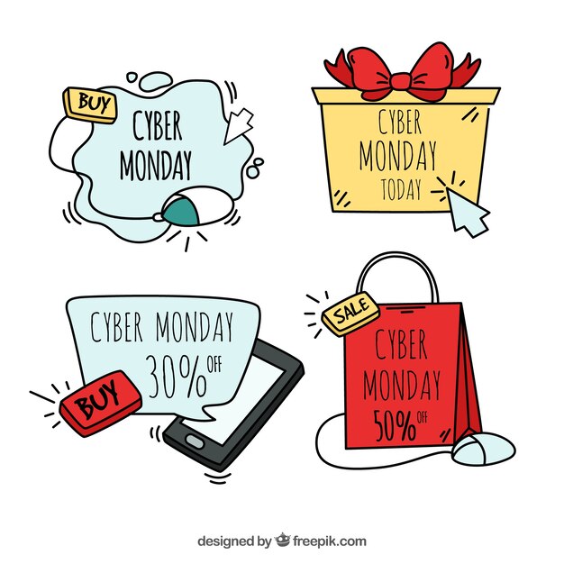 Etichette cyber monday disegnate a mano