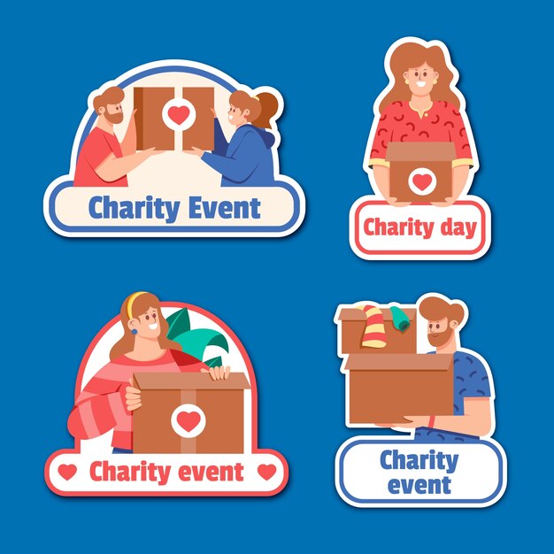 Etichette o distintivi piatti disegnati a mano per eventi di beneficenza