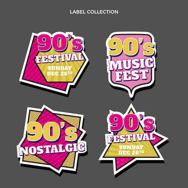 Etichette per festival di musica nostalgica degli anni '90 dal design piatto