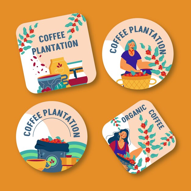Etichette per piantagioni di caffè dal design piatto