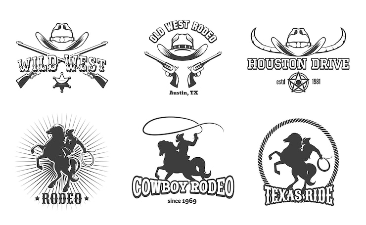 Vettore gratuito etichette wild west e rodeo. cowboy texas, timbro e cappello, design retrò americano.