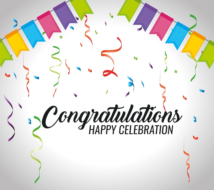 Vettore gratuito evento di congratulazioni con decorazioni per feste e coriandoli