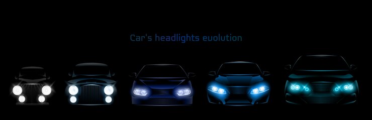 Vettore gratuito evoluzione dei fari delle auto, bandiera dei fari anteriori luminosi