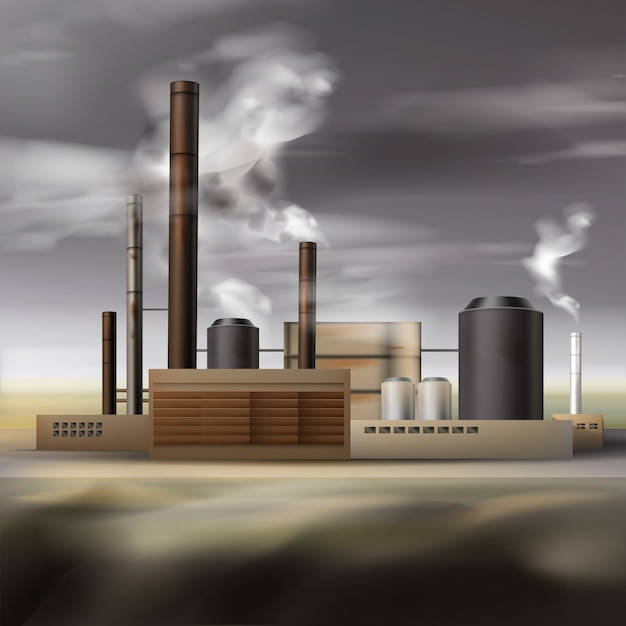 Fabbrica chimica di vettore con fumo da tubi e tempo nuvoloso, concetto di inquinamento atmosferico