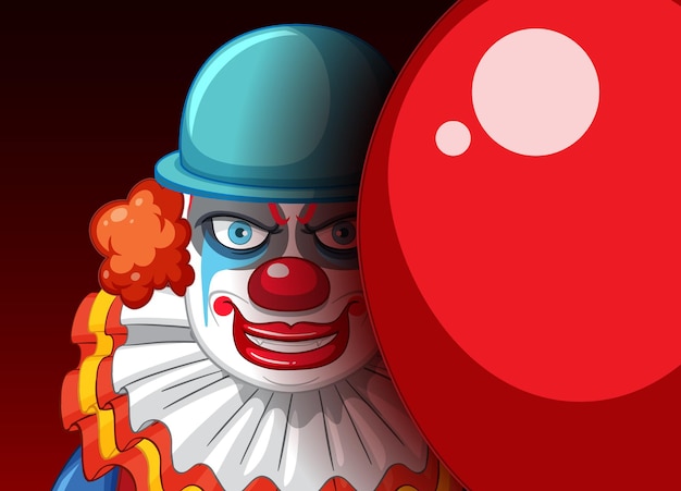 Faccia da clown inquietante che fa capolino da dietro il palloncino