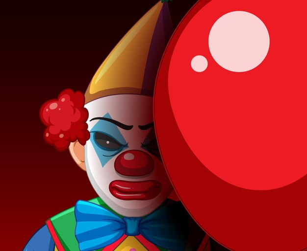 Faccia da clown inquietante che fa capolino da dietro il palloncino