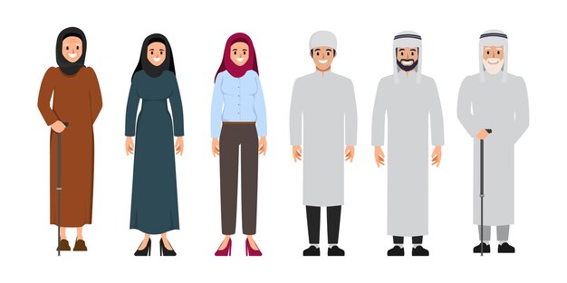 famiglia araba e persone musulmane e uomo e donna dei cartoni animati sauditi