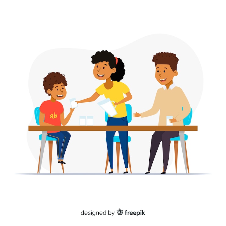 Vettore gratuito famiglia disegnata a mano che beve latte insieme