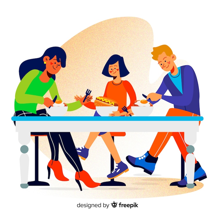Vettore gratuito famiglia disegnata a mano che mangia scena insieme