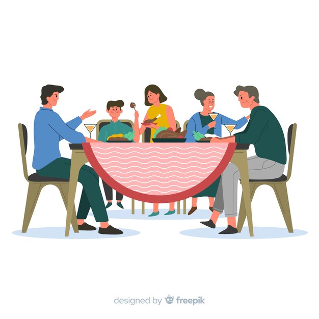 Famiglia disegnata a mano che si siede intorno al fondo della tavola