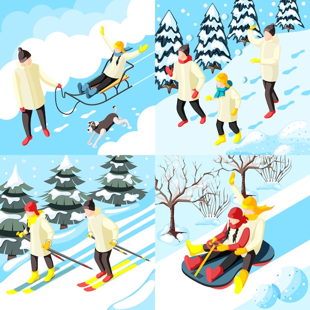 Famiglia durante le vacanze invernali che sledding il gioco nelle palle della neve e nel concetto isometrico di corsa con gli sci isolato