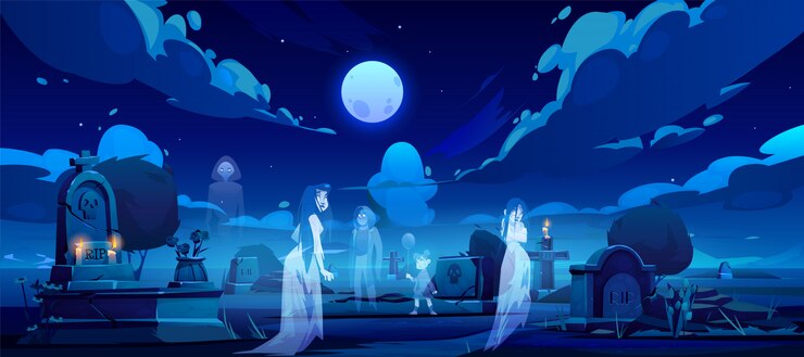 Vettore gratuito fantasmi sul cimitero, vecchio cimitero nella notte oscura