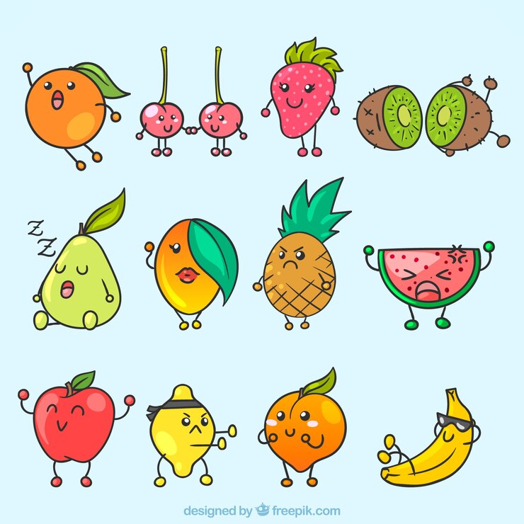 Vettore gratuito fantastica selezione di caratteri di frutta espressivi