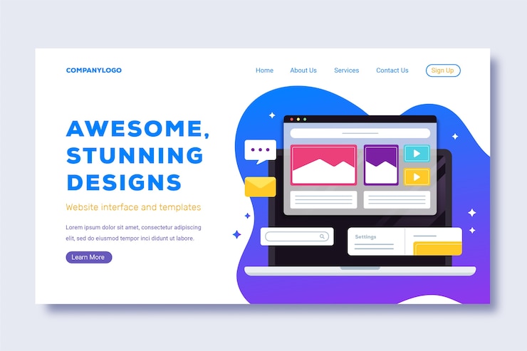Vettore gratuito fantastici design straordinari con landing page per laptop