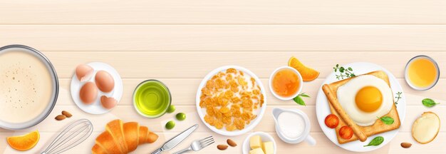 Fare colazione cucinando composizione realistica con vista dall'alto del tavolo in legno con piatti pronti e ingredienti illustrazione vettoriale