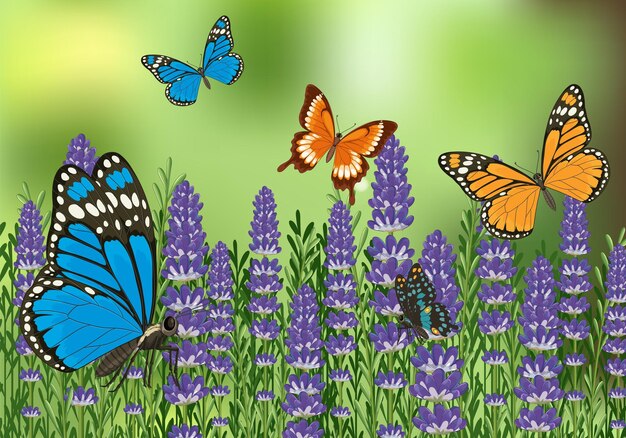 Farfalle colorate in un campo di lavanda