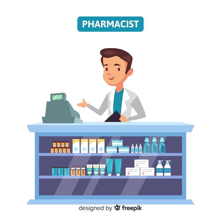 Vettore gratuito farmacista piano che assiste alla priorità bassa dei clienti