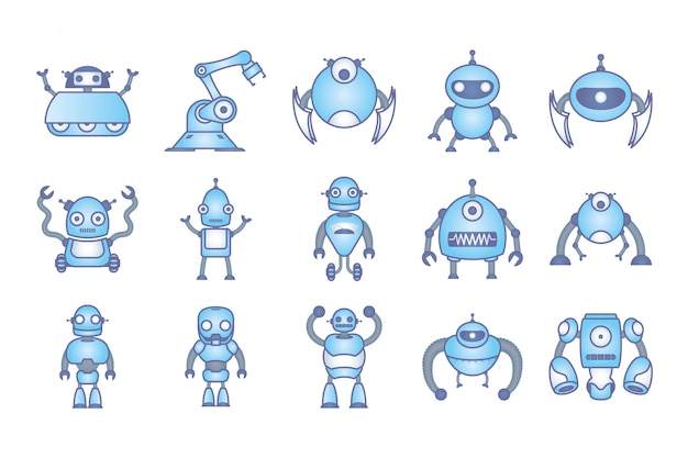 Fascio di robot set icone cyborg