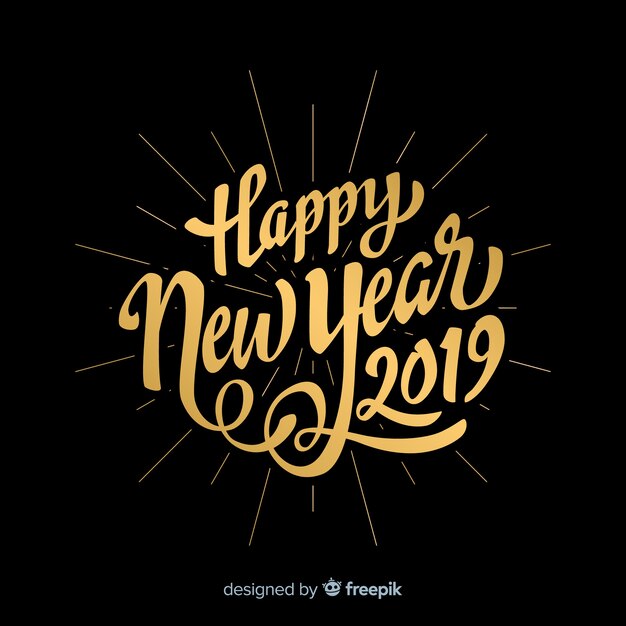 Felice anno nuovo 2019 sfondo nero e oro con scritte di fantasia