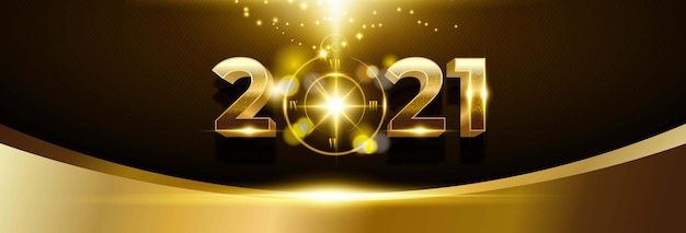 Felice anno nuovo 2021 Sfondo con numero d'oro e orologio