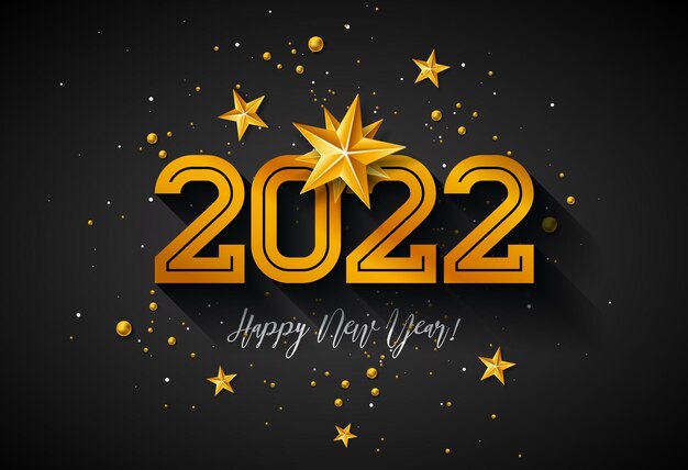 Felice anno nuovo 2022 illustrazione con numero e stella d'oro su sfondo nero