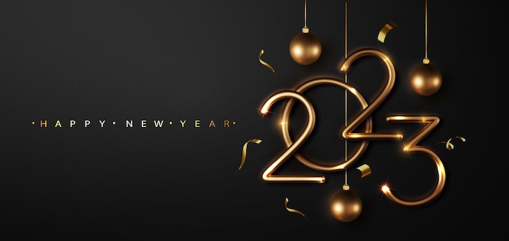 Vettore gratuito felice anno nuovo 2023 congratulazioni di natale con testo in metallo dorato 3d realistico