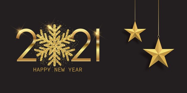 Felice anno nuovo banner con fiocco di neve scintillante e stelle appese design