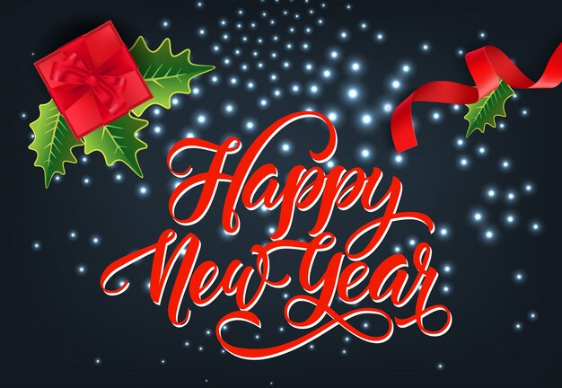 Felice anno nuovo disegno di carta festivo. Scatola regalo rosso
