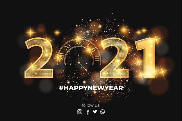 Felice anno nuovo realistico effetto testo dorato 2021 con bokeh