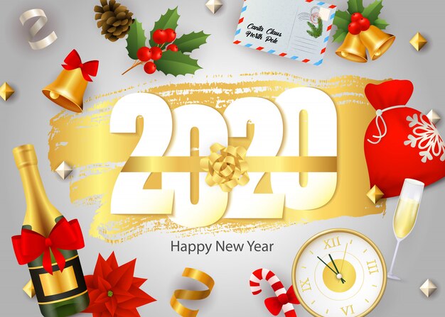 Felice anno nuovo, scritta 2020, champagne, orologio, vischio