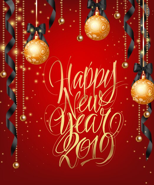 Felice anno nuovo, venti diciannove scritte con palline d&#39;oro