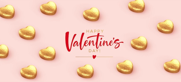 felice banner di San Valentino, con cioccolatini dorati a forma di cuore