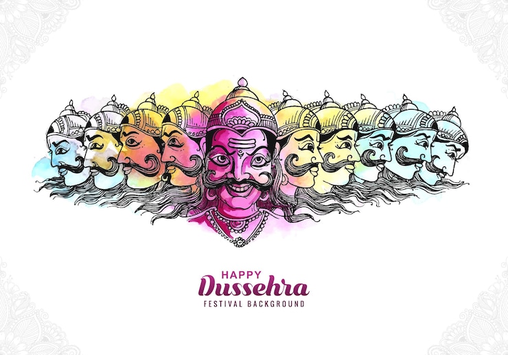 Vettore gratuito felice celebrazione di dussehra arrabbiato ravan con dieci teste carta schizzo sfondo