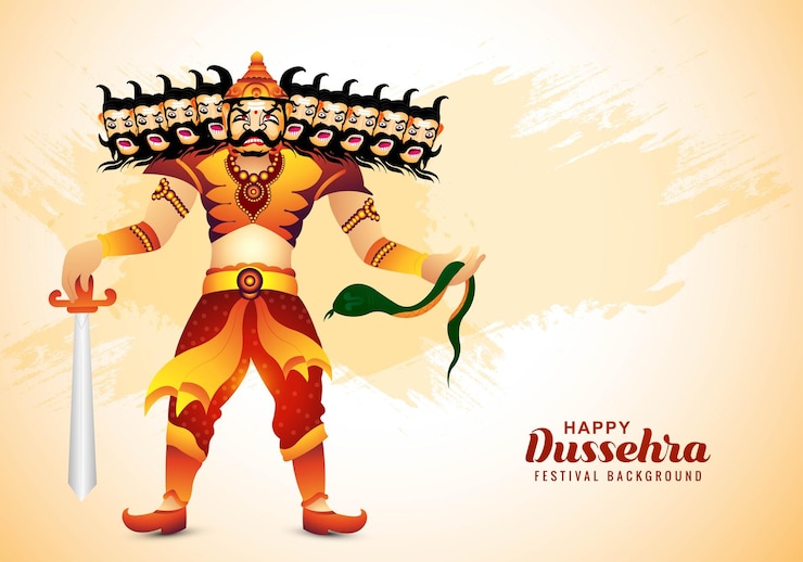 Vettore gratuito felice celebrazione di dussehra arrabbiato ravan con dieci teste e design della carta di prua