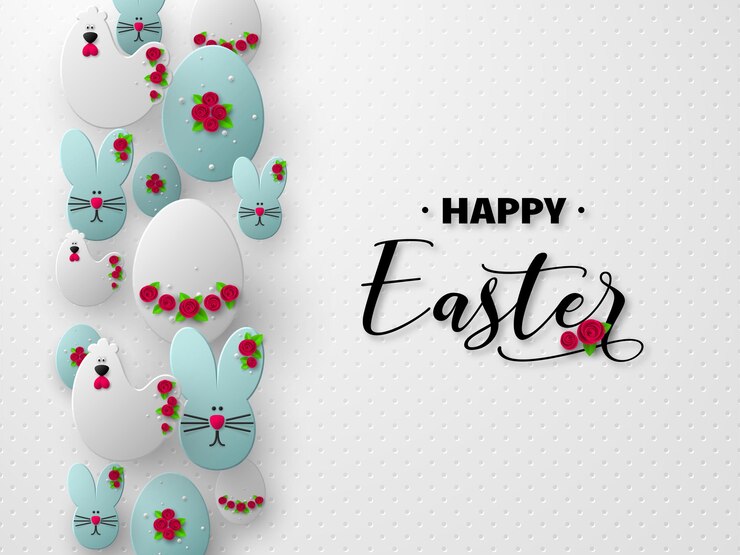 Felice disegno di vacanza di Pasqua. 3d carta tagliata uova, coniglietti e galline decorate fiori.