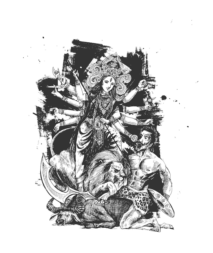 Vettore gratuito felice durga puja festival india vacanza sfondo schizzo disegnato a mano illustrazione vettoriale
