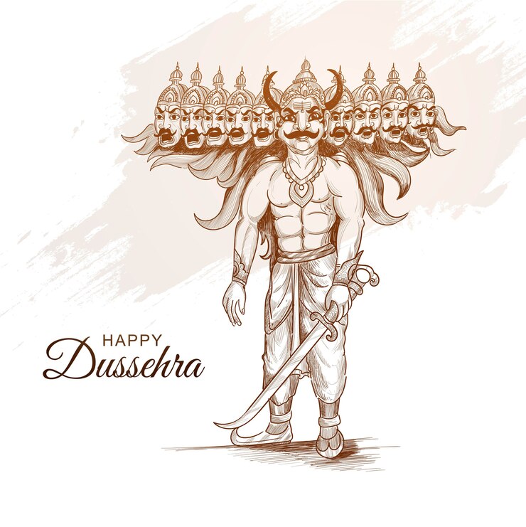 Vettore gratuito felice dussehra celebrazione ravan con disegno di schizzo di tiraggio della mano
